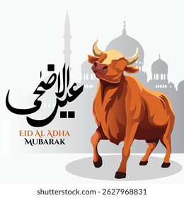 Eid al-Adha Mubarak Celebration with Cow and Mosque Translate Eid Al Adha Mubarak