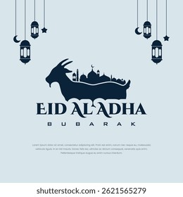 Eid Al-Adha Mubarak Celebration Design with Mosque, Lantern and Goat Silhouette Background
