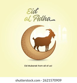 Eid Al-Adha Mubarak Celebration Design with Mosque and Goat Silhouette Background
