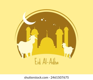 Eid al-Adha Mubarak  celebration of Muslim community, Festival Eid Al Adha Greeting card, poster with sacrificial sheep and crescent moon cream brown background. Vector illustration.
