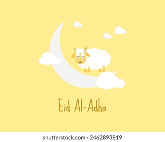 Eid al-Adha Mubarak  celebration of Muslim community, Festival Eid Al Adha Greeting card, poster with sacrificial sheep and crescent moon cream brown background. Vector illustration.
