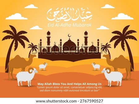 Eid Al-Adha Mubarak Design with Mosque Silhouette and Camels and Sheep in Desert Landscape