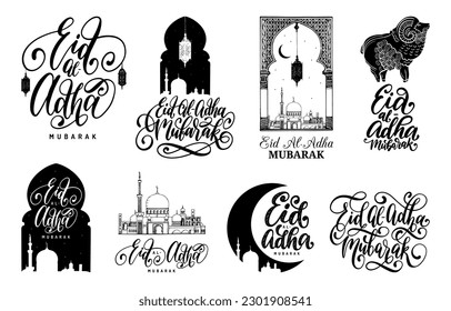 Eid al-Adha Mubarak festive posters collection, calligraphy set translated into English as Feast of the Sacrifice, vector hand drawn Muslim holiday symbols of mosque, sheep, lantern 