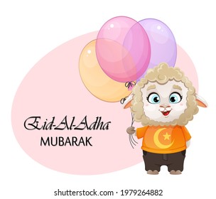 Eid al-Adha Mubarak. Funny cartoon character ram holding balloons. Kurban Bayrami. Vector illustration for traditional Muslim holiday