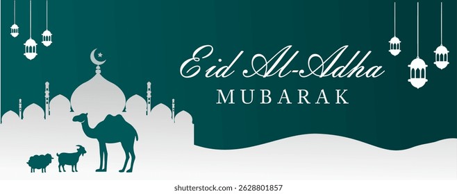 Projeto de banner de saudação Eid Al-Adha Mubarak com decorações de camelos, ovelhas, mesquitas e lanternas islâmicas em estilo de vetor plano para uso de mídia social, web e impressão