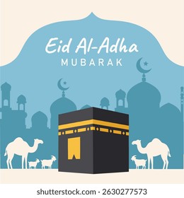 Banner de saudação de Eid al-Adha Mubarak com Kaaba, Silhuetas de mesquitas, Camelos e Lanternas em Estilo Flat Design para Celebrações de Feriados Islâmicos e Posts em Mídias Sociais