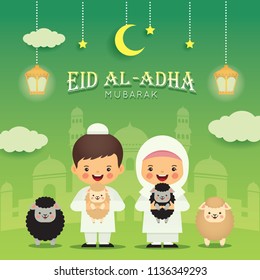 Eid Al-Adha mubarak greeting card. Cute cartoon muslim kids with black sheep and white sheep, fanoos lantern, mosque. Festival of Sacrifice vector illustration.