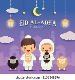 Eid Al-Adha mubarak greeting card. Cute cartoon muslim kids with black sheep and white sheep, fanoos lantern, mosque. Festival of Sacrifice vector illustration.