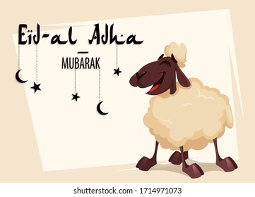 Eid al-Adha Mubarak greeting card. Traditional Muslim holiday. The sacrifice of a ram. Kurban bayrami. Funny cartoon ram. Vector illustration on light background