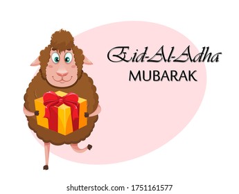 Eid al-Adha Mubarak greeting card. Traditional Muslim holiday. Kurban Bayrami. Funny cartoon character sheep holding gift box. Vector illustration