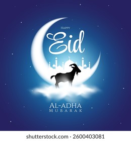 Eid Al-Adha mubarak greeting card with crescent light, mosque and silhouette of sheep. islamic background