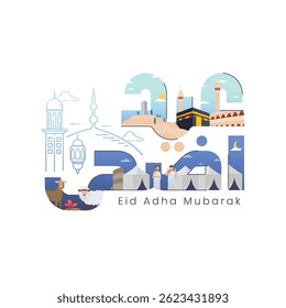 Eid Al-Adha mubarak greeting card template with creative arabic calligraphy means Happy Eid. Eid Adha arabic text with mosque and hajj pilgrimage