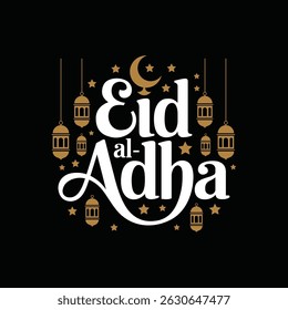 Cartão de saudação Eid al-Adha Mubarak com Lanternas e Lua Crescente