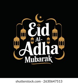Eid al-Adha Mubarak Greeting Card with Lanterns and Crescent Moon
