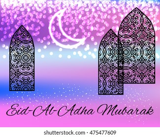 Eid Al-Adha Mubarak. Greeting card template for Muslim Community Festival of sacrifice, mesh background pastel color with glowing elements, silhouettes of oriental screens and moon. Vector EPS10.