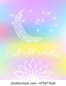Eid Al-Adha Mubarak. Greeting card template for Muslim Community Festival of sacrifice, mesh background pastel color with glowing star and moon. Vector EPS10.