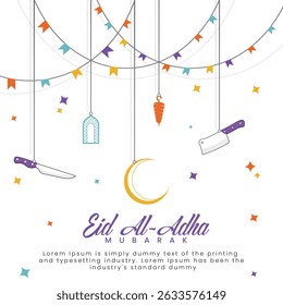 eid al-adha mubarak greeting with colorful hanging elements including crescent moon, knife, meat cleaver, mosque arch, and meat skewer. festive islamic vector illustration for qurbani celebration