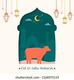 Eid Al-Adha Mubarak greeting with cow flat design