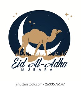eid al-adha mubarak greeting design with camel silhouette, crescent moon, and stars on night sky background. islamic festival vector illustration