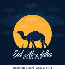 eid al-adha mubarak greeting illustration with camel silhouette against full moon and night sky. islamic festival celebration vector design