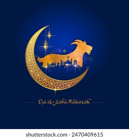 Eid al-Adha Mubarak oder Happy Eid al Adha. Ziege, Mond und Moschee Hintergrund. Arabisch-islamisches islamisches Opferfest.