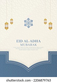 Eid al-Adha Mubarak Islamic Arabic White Background with Geometric Pattern and Beautiful Ornament with Lanterns