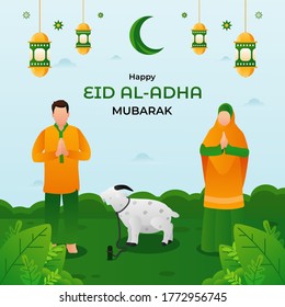 Eid al-Adha Mubarak, Islamic background with vector illustration of children's greeting, lantern ornament, meadow, and cute sheep