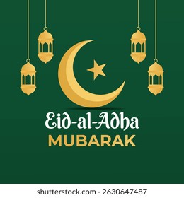 Eid al-Adha Mubarak Islamic Greeting Card with Crescent Moon and Lanterns