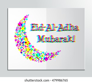Eid Al-Adha Mubarak (Kurban Bayraminiz). Minimalistic greeting card template for Muslim Community Festival of sacrifice, simulates paper and CMYK color printing. Vector EPS10