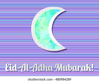 Eid Al-Adha Mubarak (Kurban Bayraminiz). Greeting card template for Muslim Community Festival of sacrifice, simulates paper moon and congratulations on a striped purple background. Vector EPS10