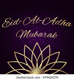 Eid Al-Adha Mubarak. Luxury greeting card template for Muslim Community Festival of sacrifice, ornamental dark purple background with shining golden elements and text. Vector EPS10.