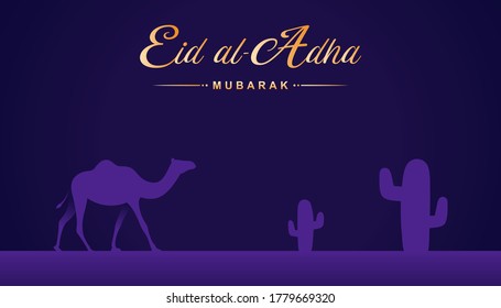 Eid Al-Adha Mubarak Muslim Holiday. Vector Illustration of a Camel In Desert at Night Time. Purple Gradient Sacrificial Animals Background Flat Design Vector