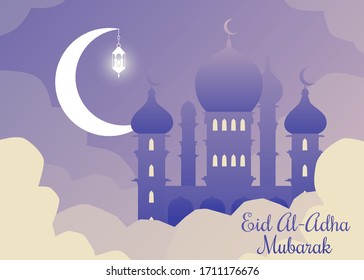 Eid Al-Adha Mubarak - Muslim religious holiday poster card with mosque castle in night clouds with Ramadan lantern hanging on the moon crescent. Vector illustration.