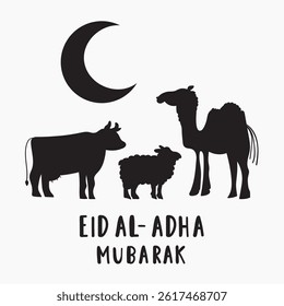 Eid Al-Adha Mubarak. Silhouettes of animals - cow, sheep, camel. Hand drawn illustration.