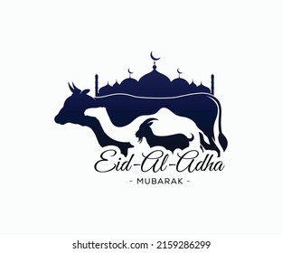 Eid Al-Adha Mubarak Template. Mosque With Cow Camel Bull Goat Lamb Eid Al-Adha Template.