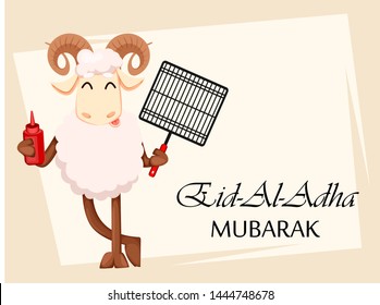 Eid al-Adha Mubarak. Traditional Muslim holiday. The sacrifice of a ram. Kurban bayrami. Funny cartoon ram holding barbeque grill and ketchup. Vector illustration