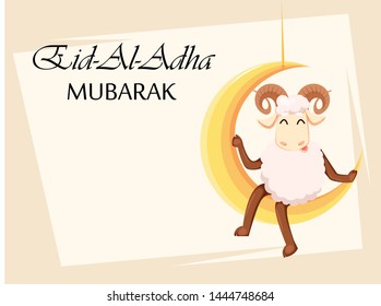 Eid al-Adha Mubarak. Traditional Muslim holiday. The sacrifice of a ram. Kurban bayrami. Funny cartoon ram swinging on moon. Vector illustration