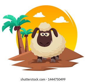Eid al-Adha Mubarak. Traditional Muslim holiday. The sacrifice of a ram. Kurban bayrami. Funny cartoon ram, colorful landscape. Vector illustration