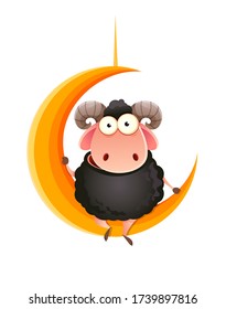 Eid al-Adha Mubarak. Traditional Muslim holiday. Kurban Bayrami. Funny cartoon character ram sitting on the moon. Vector illustration