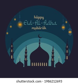 Eid al-Adha Mubarak translated into english as feast of the sacrifice. Drawn mosque night view with lantern. Arabic design background. greeting card, invitation, poster, flyer, banner, etc.