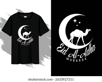 eid al-adha mubarak t-shirt design, with camel silhouette, crescent moon, and stars. perfect for islamic festival wear, qurbani celebration, and muslim holiday-themed clothing