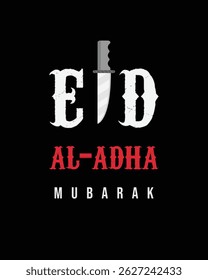 eid al-adha mubarak typography with knife replacing letter on dark background for islamic qurbani design, perfect for digital cards, posters, or festive islamic graphics