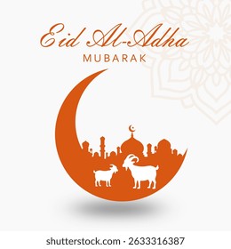 Eid al-Adha Mubarak Vector Composition with Crescent Moon, Mosque Background, Sacrificial Goat and Camel – Islamic Festival Art for Seasonal Greeting and Branding