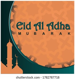 
Eid al-Adha Mubarak. Vector greeting card design with mosque and calligraphy decorations. Illustration of Islam for the celebration of the Muslim community festival