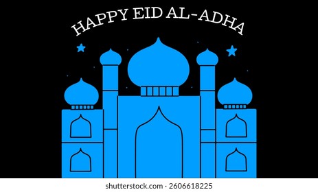 Eid Al-Adha Mubarak vector illustration with a mosque building, and starry night. 