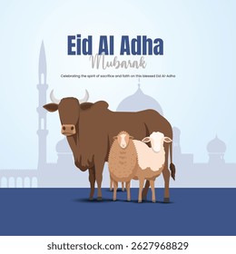 Eid al-Adha Mubarak Vector Illustration with Cow and Goat for Islamic Festival
