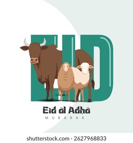 Eid al-Adha Mubarak Vector Illustration with Cow and Goat for Islamic Festival