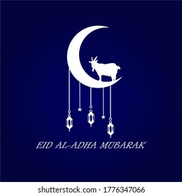 Eid Al-Adha muslim festival of sacrifice banner or card template with sheep on moony sky background, vector illustration. Religious islamic holy holiday poster