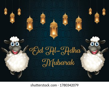 Eid Al-Adha muslim festival of sacrifice banner or card template with sheep, vector illustration. Religious islamic holy holiday poster.