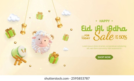 Eid Al-Adha promotional design featuring a cheerful sheep, festive gifts, lanterns, and clouds, emphasizing a 50% discount offer for the special occasion.